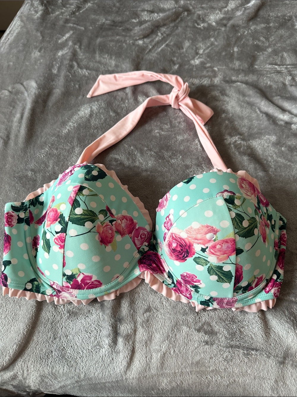 Hot Topic Mint w/Pink Roses & White Polka Dots Bikini Top Tie Back & Neck Sz:2XL